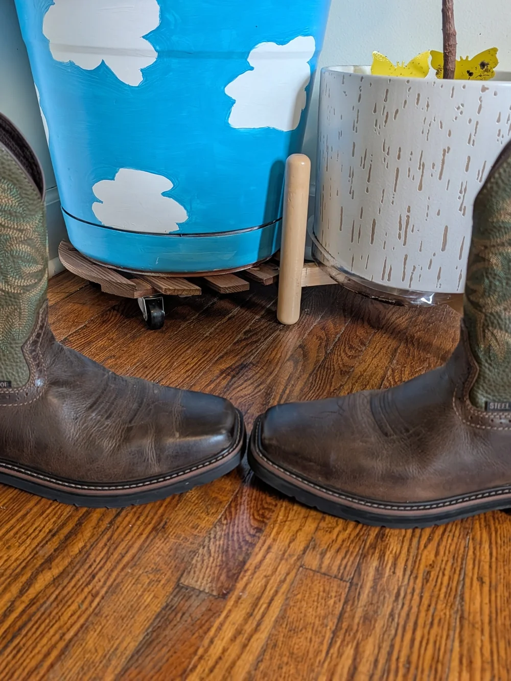 Justin Boots Brown Leather Square-Toe Western Boots with Green Shaft